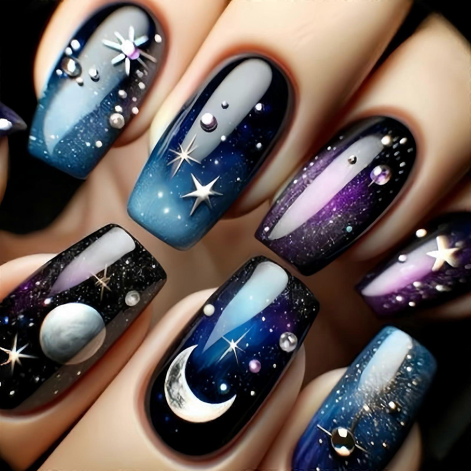 Medium Coffin Press On Nails Purple Blue Gradient Moon and Stars Design False Nails 24pcs