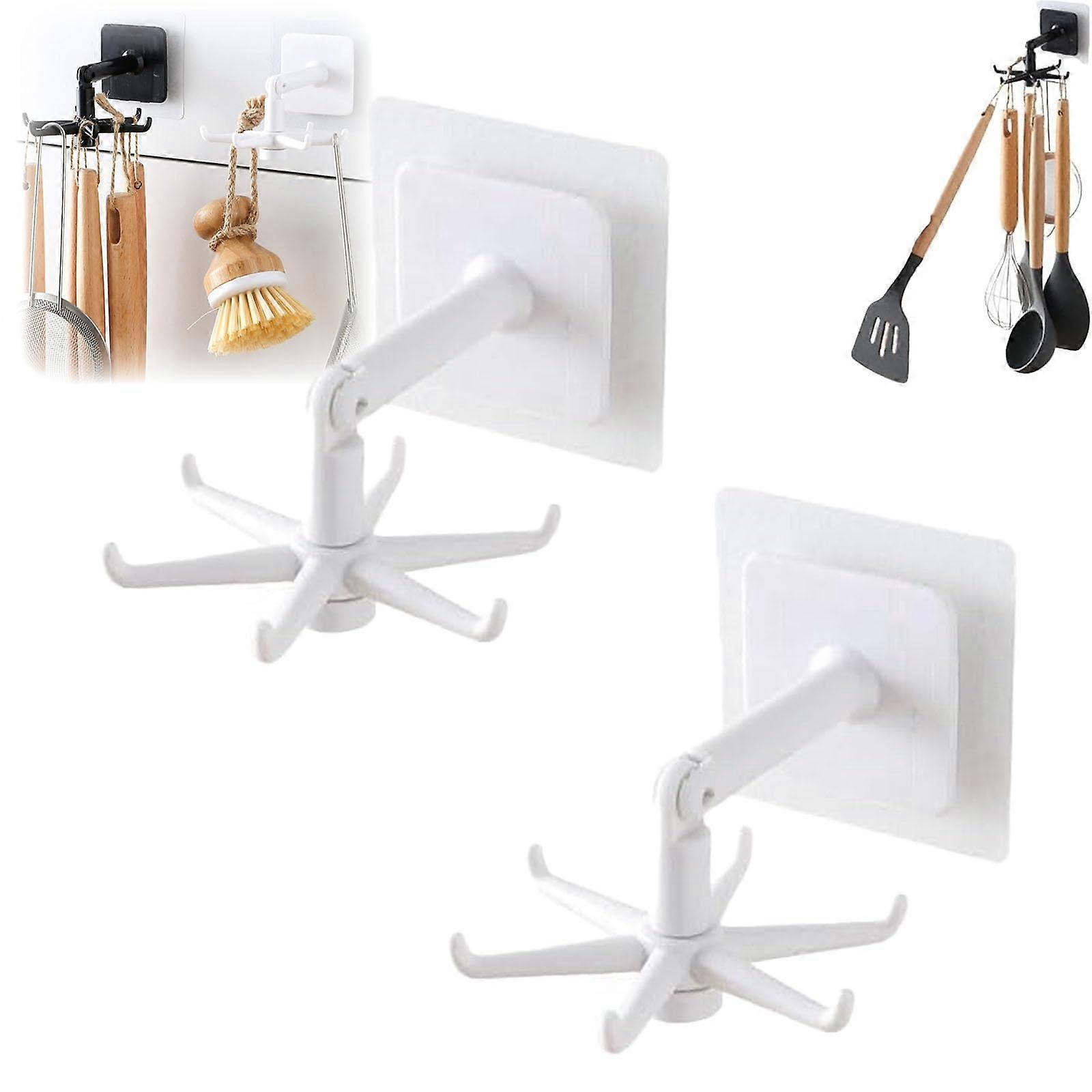2pcs White 360° Rotating Folding Kitchen Hooks, Wall Mounted Waterproof Utensil Hangers