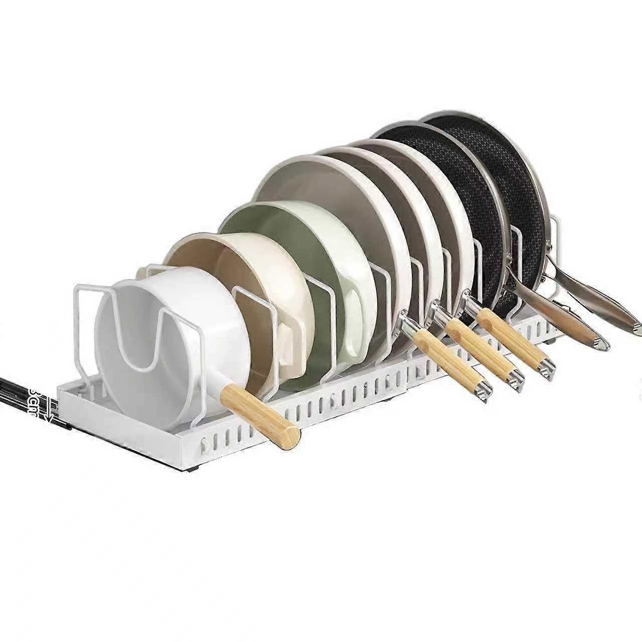 Pull Out Pots and Pans Organizer with Adjustable Dividers for Under Cabinet No Drill Installation White