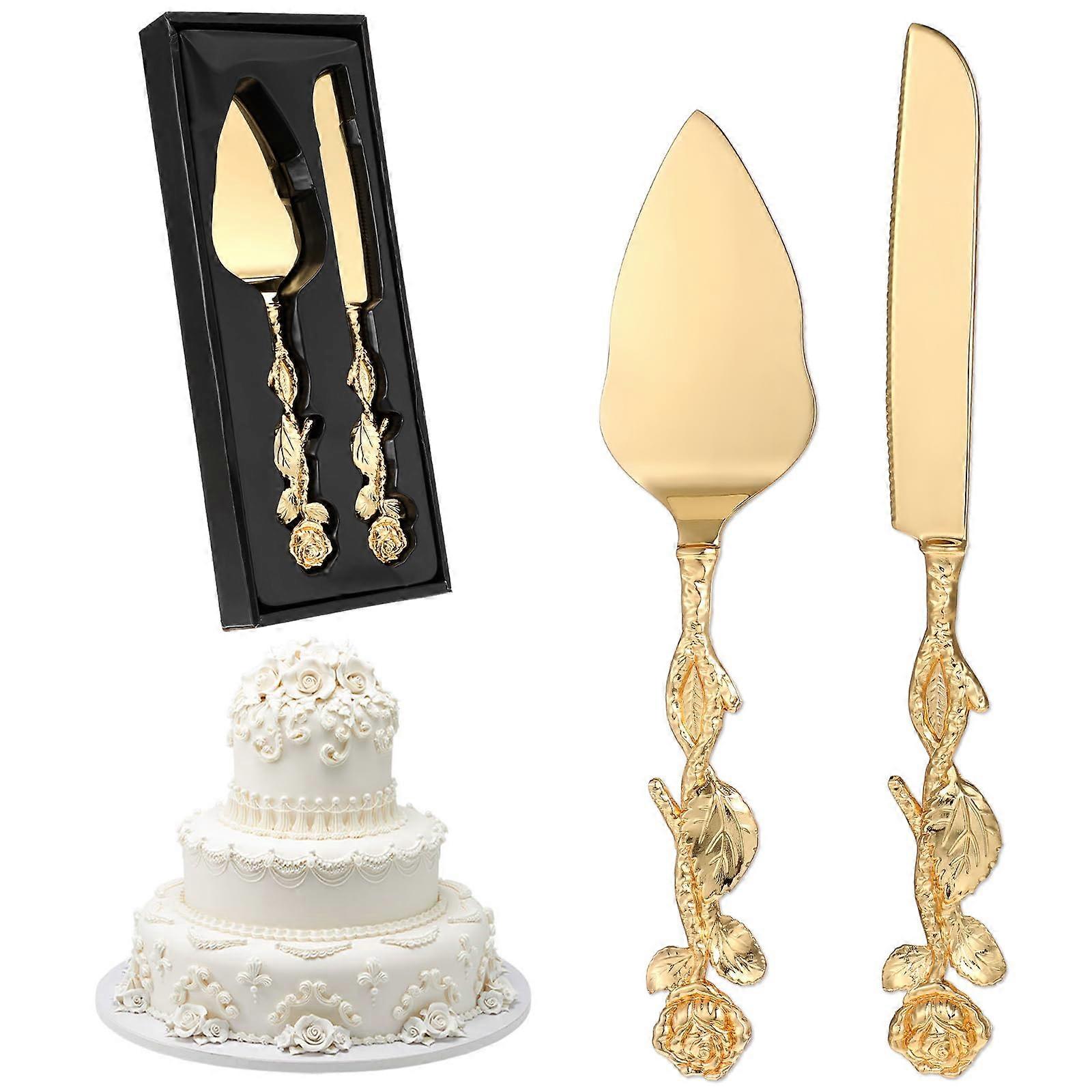 Wedding Cake Knife and Server Set with Engraved Rose Handle, Gold  Cutting Set in Gift Box
