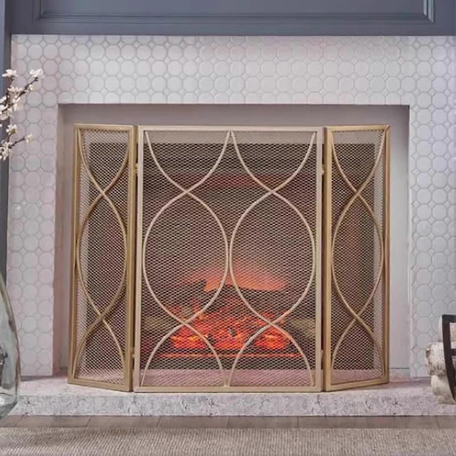 3 Panel Foldable Fireplace Screen Gold Metal Mesh SparkBlocking Protector with Scroll Design