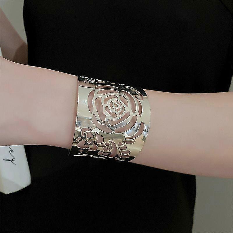 Rose Pattern Alloy Upper Arm Open Cuff Bangles Armband Bangles Platinum 2-1/2 inch(6.5cm)