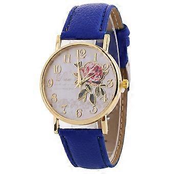 Women Arabic Number Rose Flower Round Dial Faux Leather Band Quartz Wrist Watch