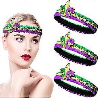3 Stück Mardi Gras Fleur De Lis Pailletten Stirnbänder Karneval Elastische Glitzer Stirnbänder Gatsby Flapper Stirnband Pailletten Haarband Erwachsene Mehrfarbig Kostüm
