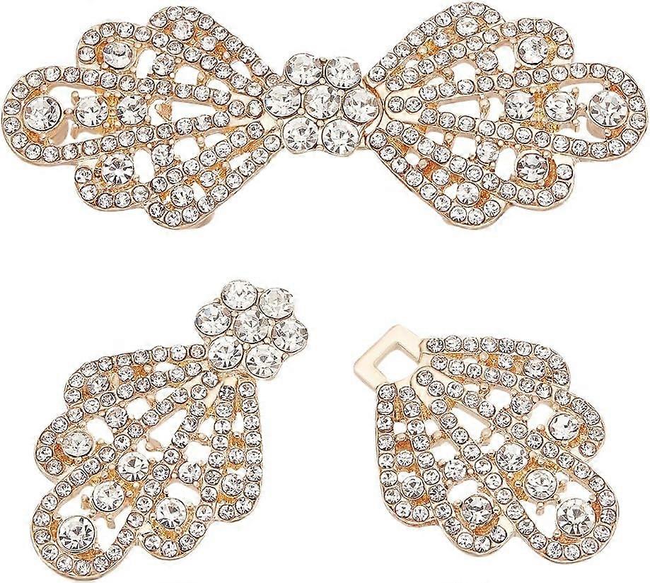 2Sets Alloy Interlocking Clasps Hook Clasps with Rhinestone Bowknot Golden 65mm