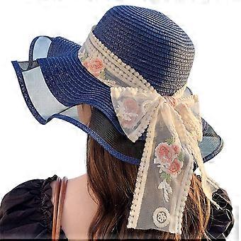 Summer Hat Handmade Straw Hat Elegant Sun Hat Style Surprise Gift for Girlfriend for Vacations French Style  Navy blue
