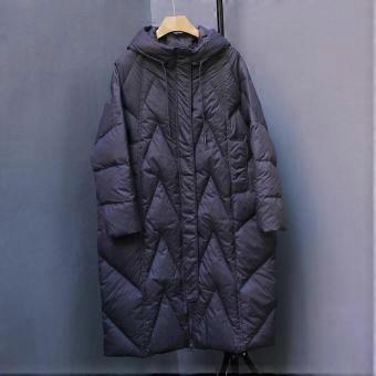 Dames winterjas, nieuw model, mid-season, lange, dikke, met capuchon, losvallende, knielange jas in een literair-retro design, gevuld met witte eendendons, trendy.