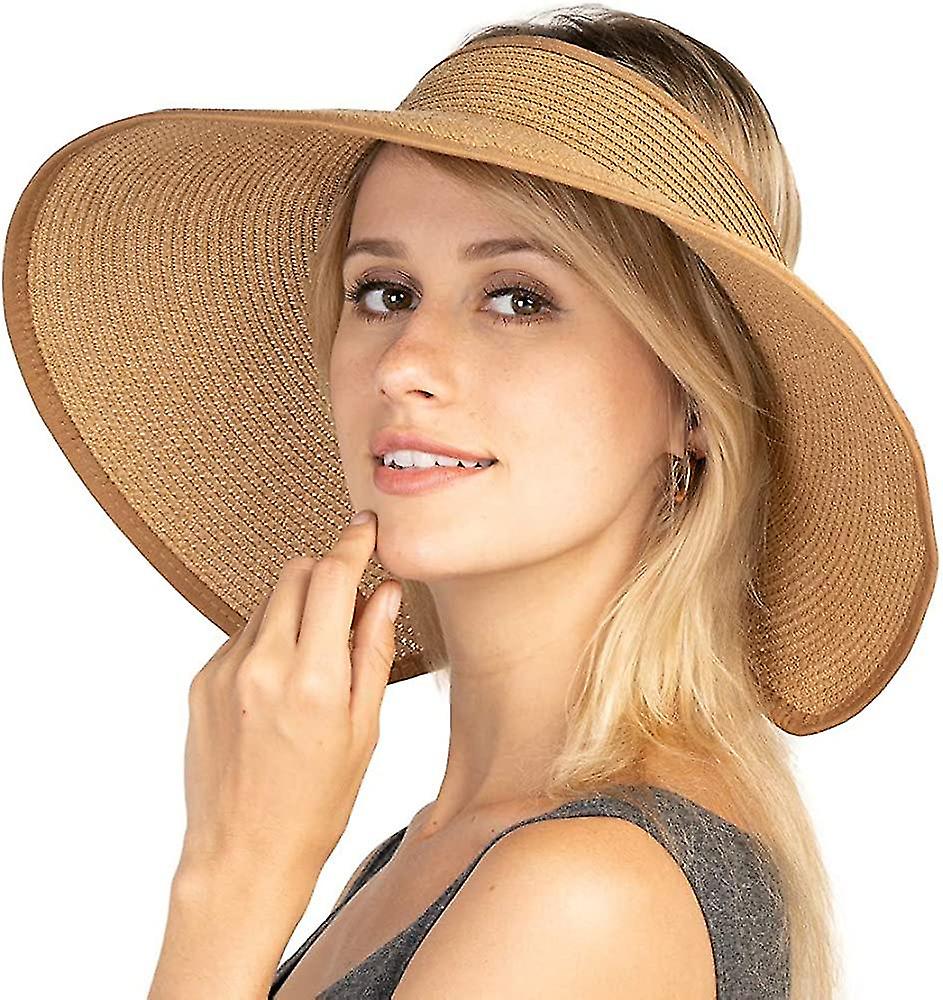 Women's Visor Foldable Straw Hat Adjustable Size Wide Brim Hat (black+brown) (santanxing)