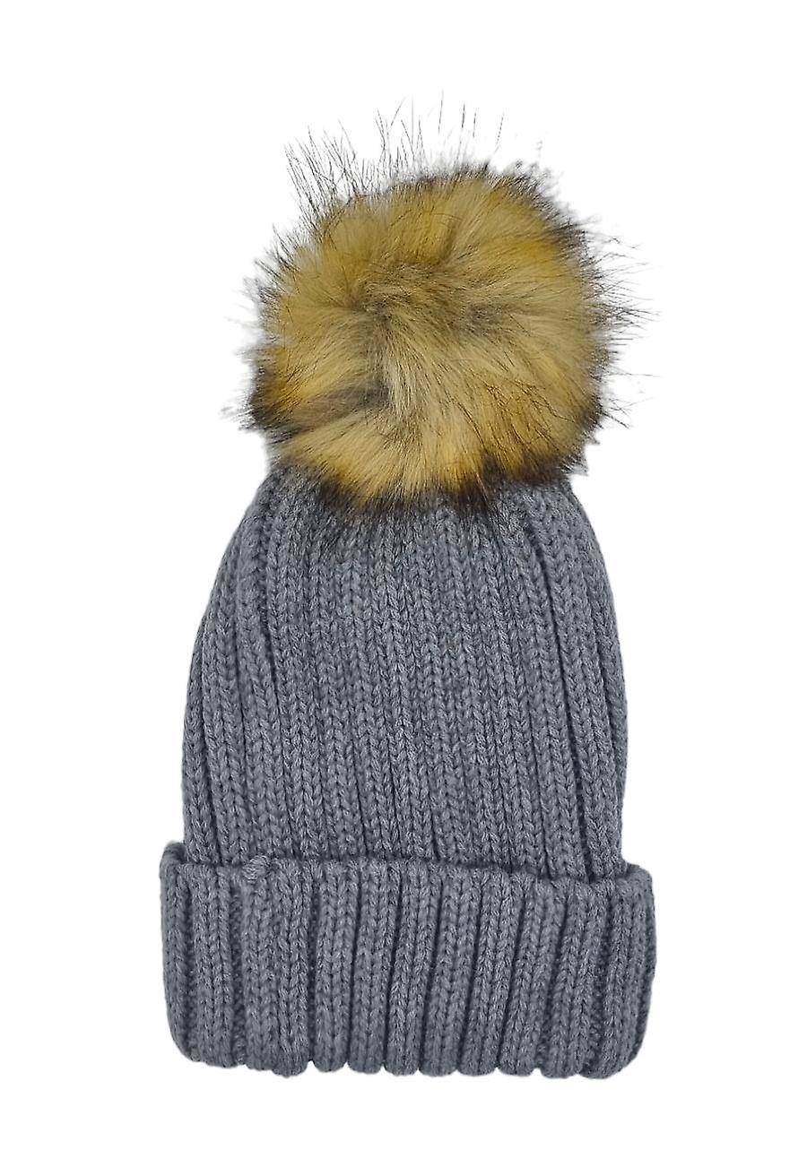 Grey hat with fur ball 