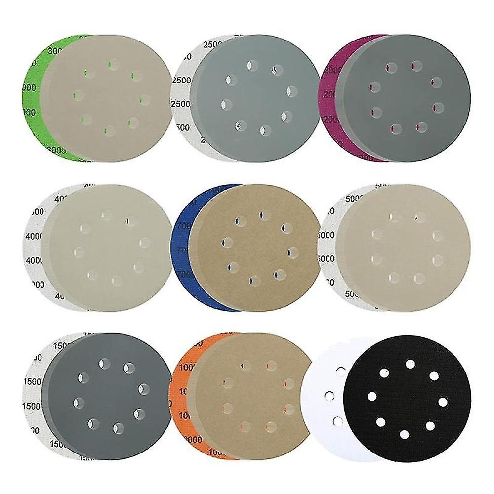 64 Pcs Sanding Disc, 5inch 8 Hole Sandpaper With 2 Interface Pads
