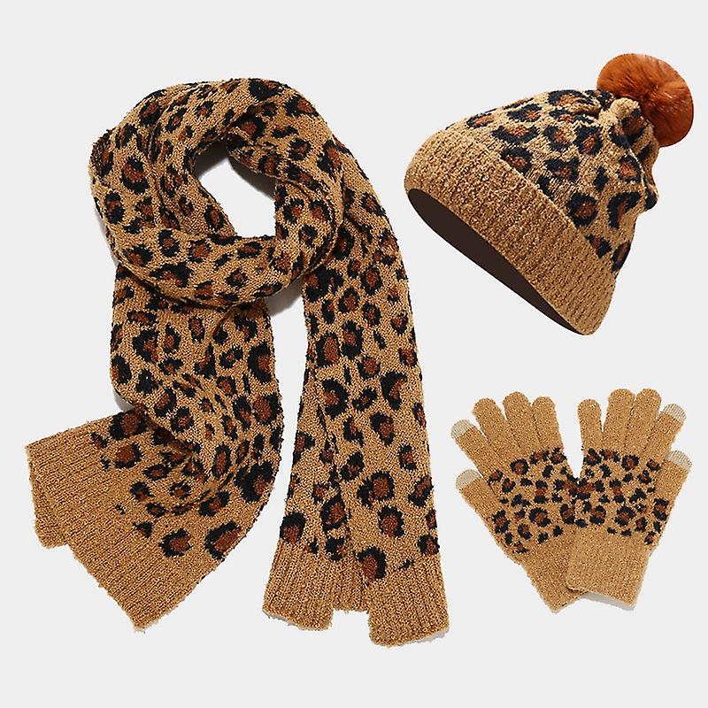 Leopard Beanie Hat 3 Set With Pom For Women