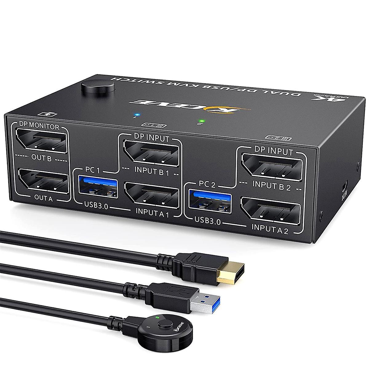 KVM Switch Dual Monitor DisplayPort, 4 USB3.0 for 2 datamaskiner, 2 inn 2 ut DP 1.4 KVM-svitsj