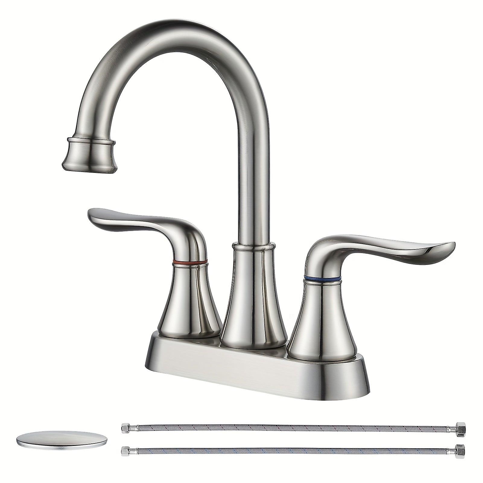 1Pc 10.16 Cm 2 Handle Centerset Bathroom Sink Faucet, High Arc Swivel Spout With Drain Assembly And Supply Hoses, Bathroom Sink Faucet, Home Essential