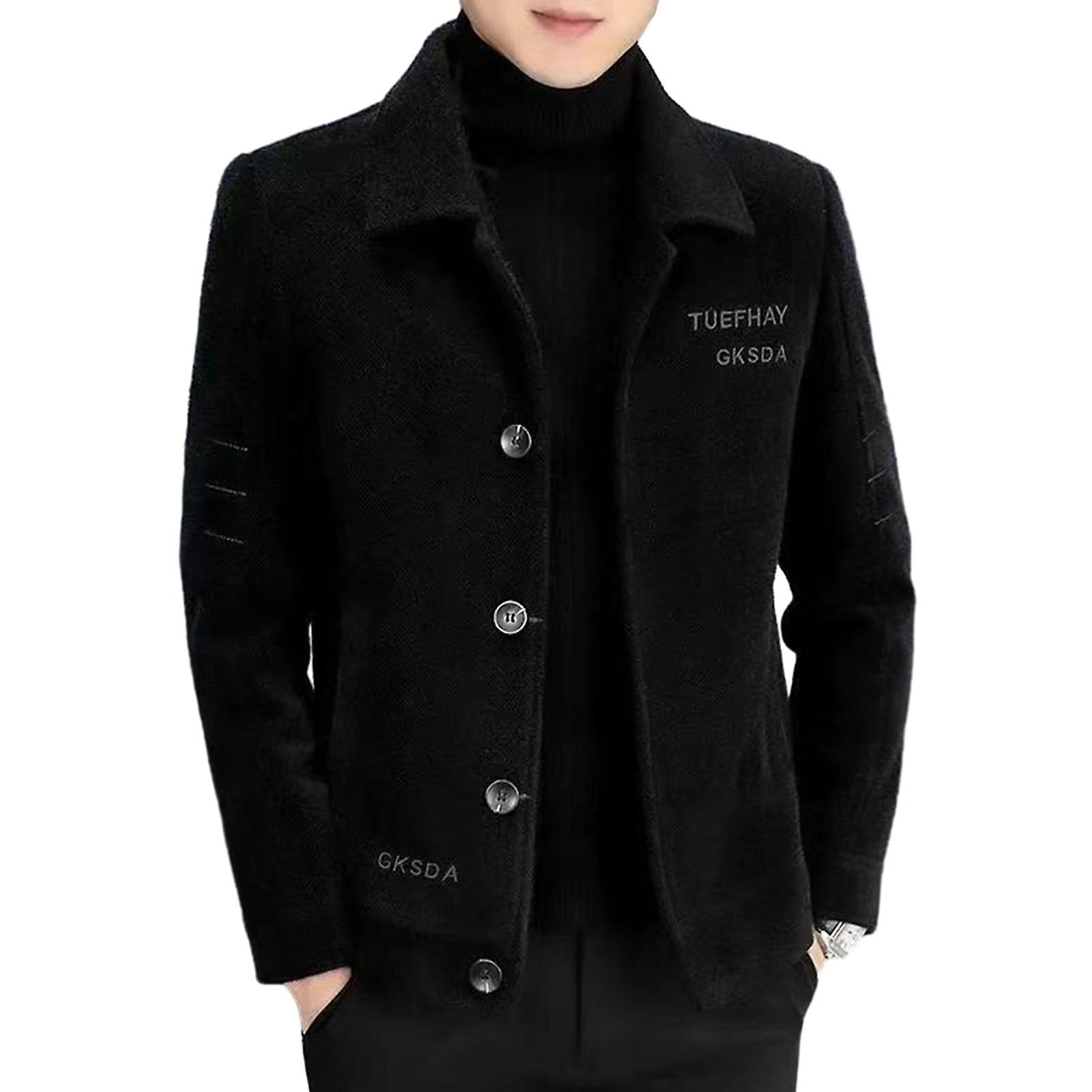 Men Autumn Winter Solid Color Jacket Lapel Long Sleeve Pockets Single-breasted Embroidery Letter Print Plush Coat Thickened Warm Outwear