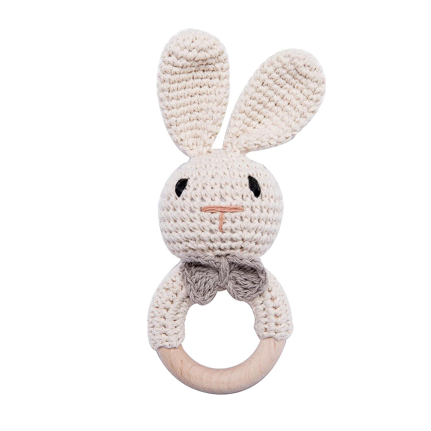Wooden Baby Rattle for Newborn, Crochet Bunny Rattle Toy Natural Wood Teething Ring, Music Shaker Rattle for Hand Grips, Boy Girl First Rattle Gift