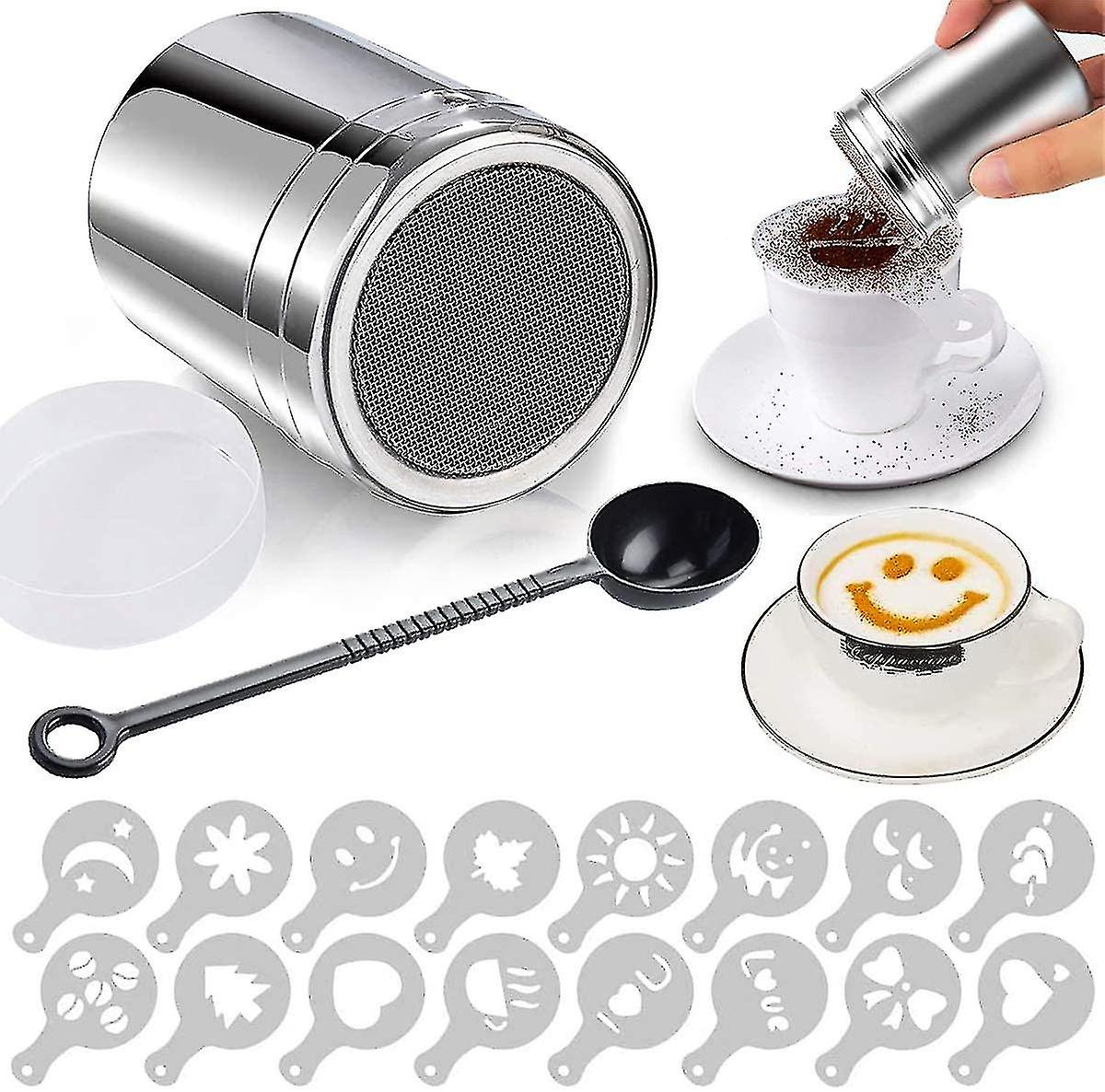 High Quality Stainless  Steel Cocoa Shaker, Icing Sugar Shaker, Cocoa Shaker With Lid And 16 Coffee Cappuccino Templates For Cocoa Powder, Chocolate