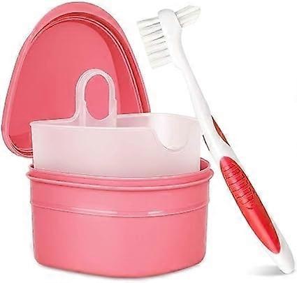 Denture cleaning kit: denture cleaning case with denture brush (pink)