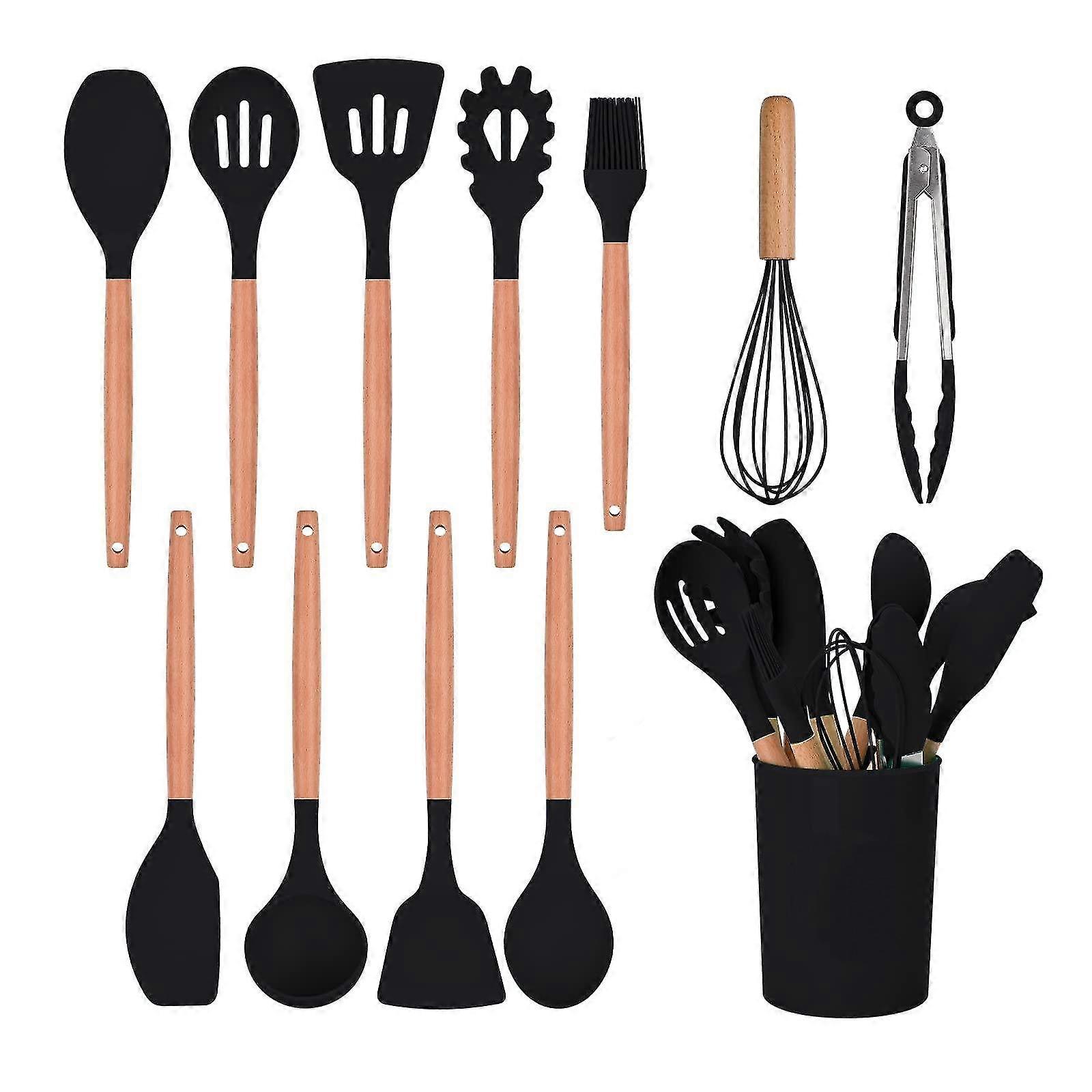 Kitchen Utensil Set, 11 Pcs Silicone Cooking Utensils Set With Wooden Handle Small Size, Heat Resistant, Nonstick Cookware Tongs Spatula Spoon Set, Di