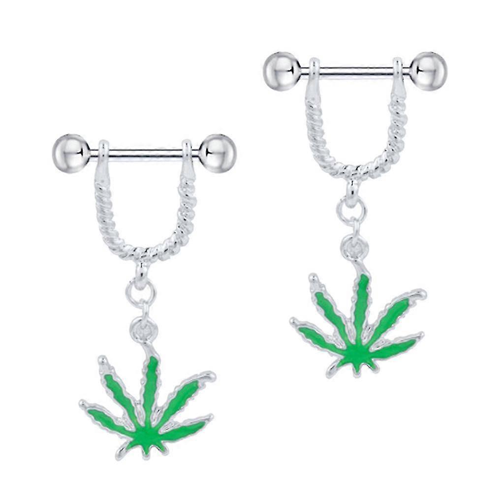 1 Pair Maple Leaf Dangle Straight Barbell Nipple Ring Green Maple Leaf