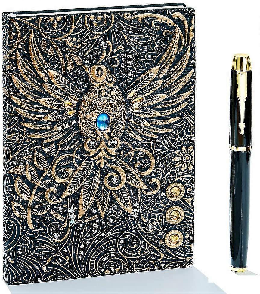 Embossed Leather Journal Writing Notebook Travel Diary & Notebooks To Write In, Phoenix Gift For Men & Women, With Golden Classic Pen, (bronze)-Excel