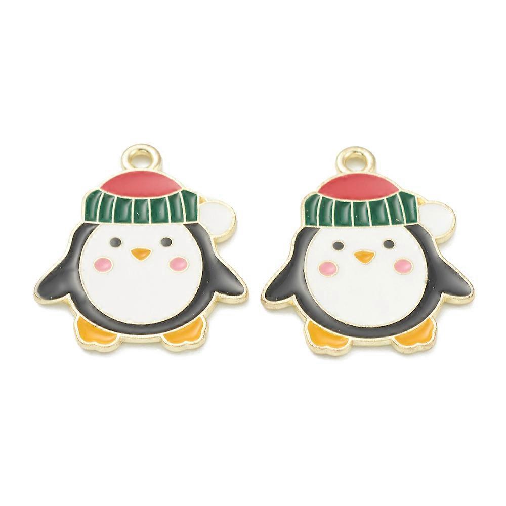 Pendentifs en alliage en émail pingouin de Noël coloré or clair 22,5 x 18,5 x 1 mm Trou : 1 mm