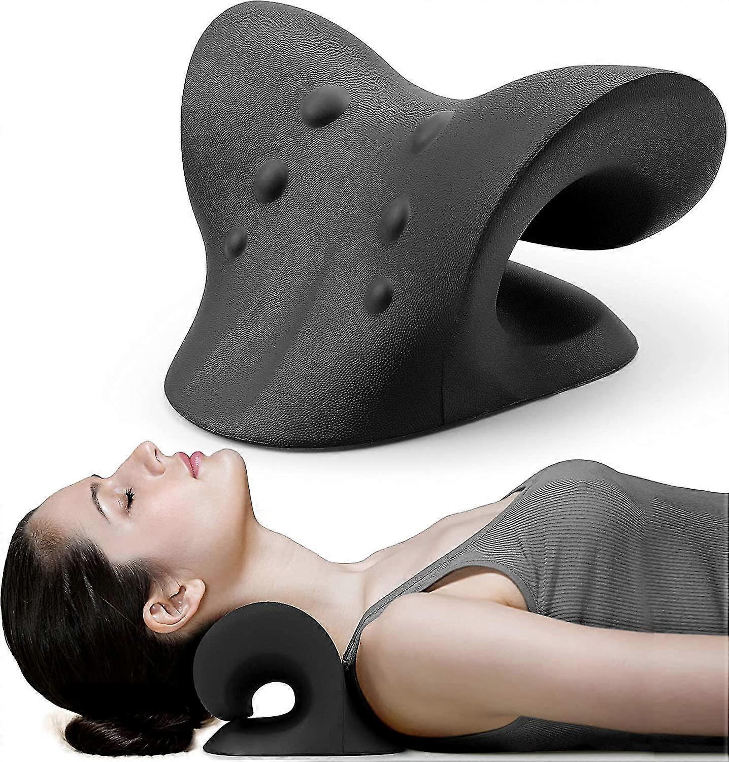 neck and shoulder relaxer, cervical traction device for tmj pain relief and cervical spine alignment, chiropractic pillow, neck stretcher (dark blue)