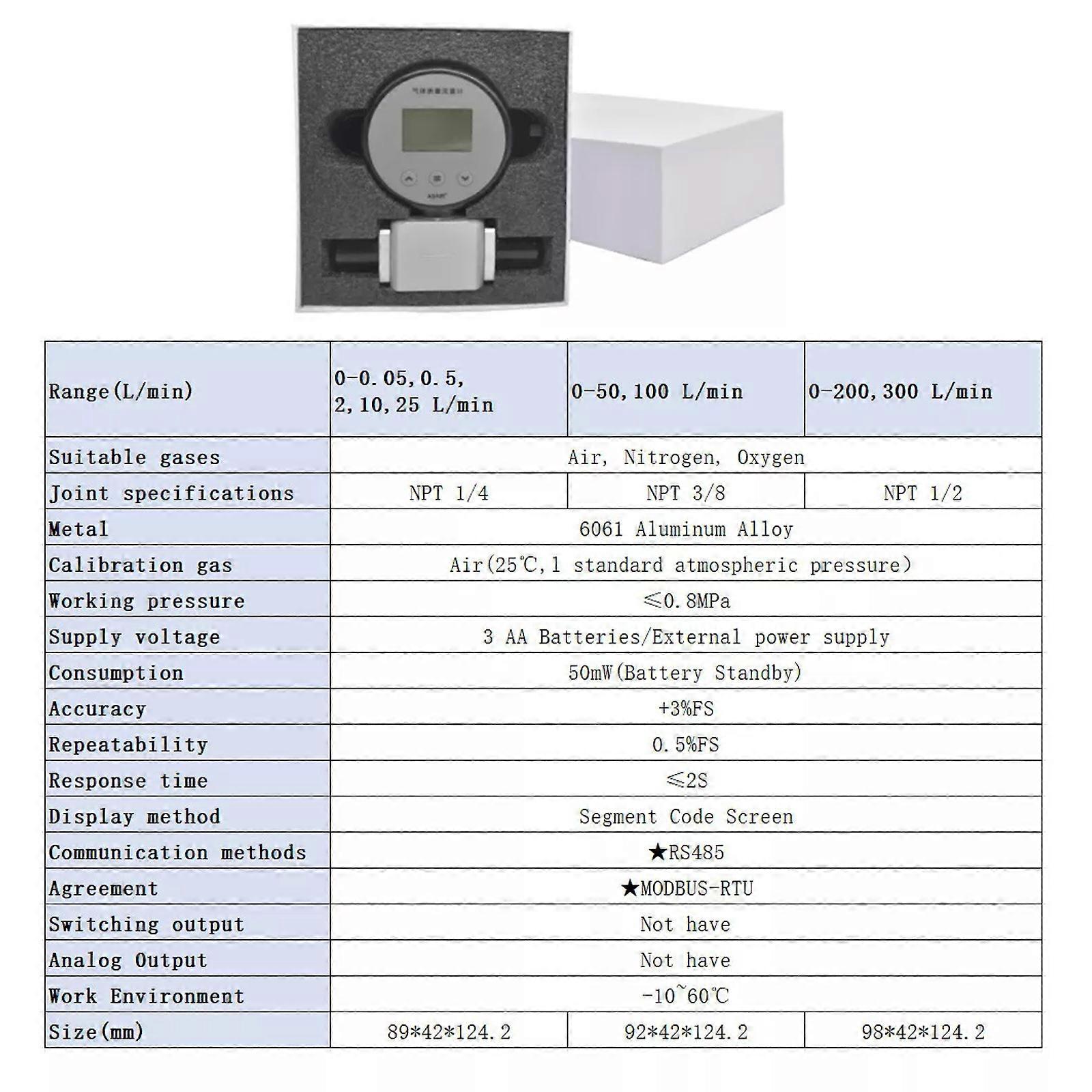 50ML-300L Digital Gas Flow Meter Gas Mass Air Nitrogen Oxygen Flow Rate ...