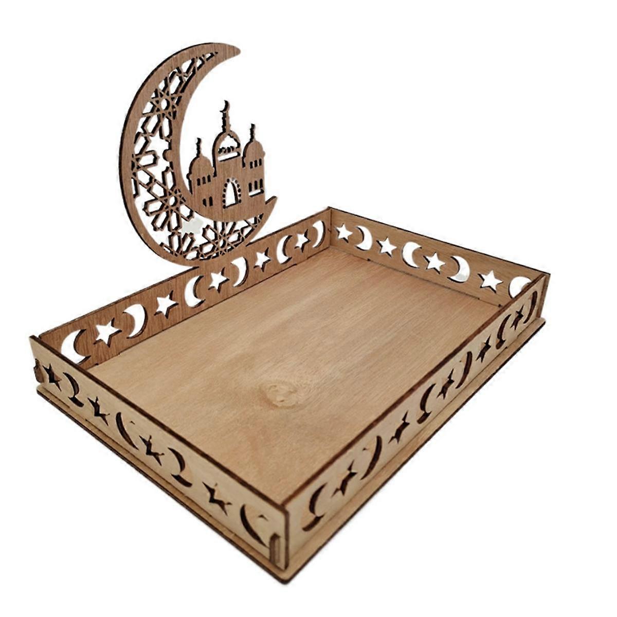Ramadan Plate Eid Mubarak Tray Wooden Tray Table Decoration for Dessert Snacks Serving Tray with Mo