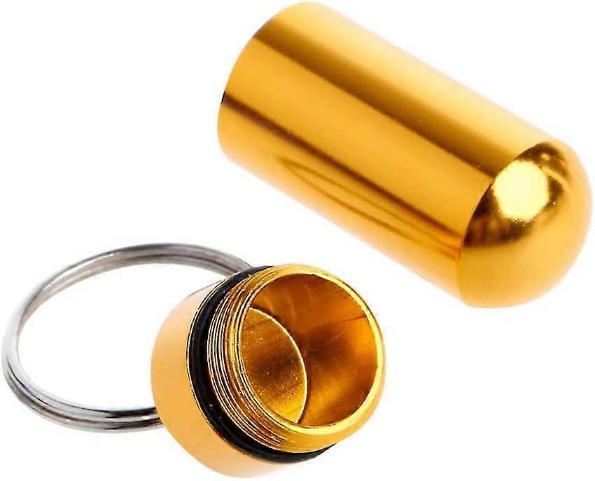2 قطع ملونة جولة سبائك الألومنيوم زجاجة حبوب منع الحمل، جرة الطوارئ، للماء في الهواء الطلق السفر المحمولة حبوب منع الحمل زجاجة مفتاح سلسلة (الذهب)