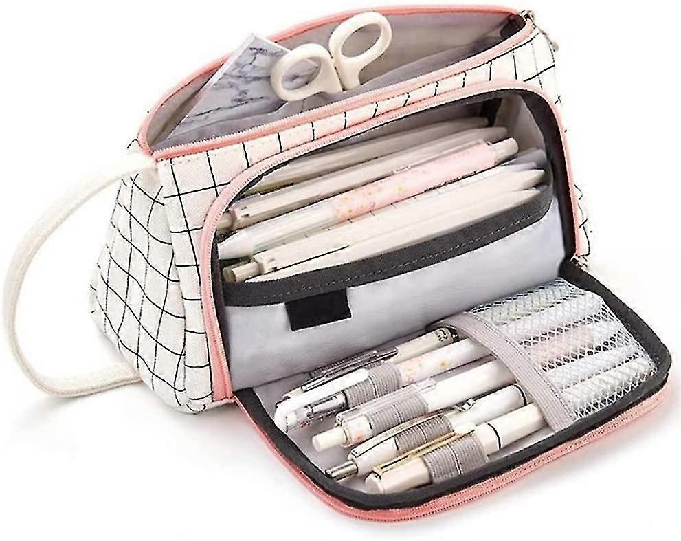 Pencil Case Large Capacity Pencil Pouch Makeup Canvas Stationery Bag With Zipper (black Plaid,20x11x10 Cm)