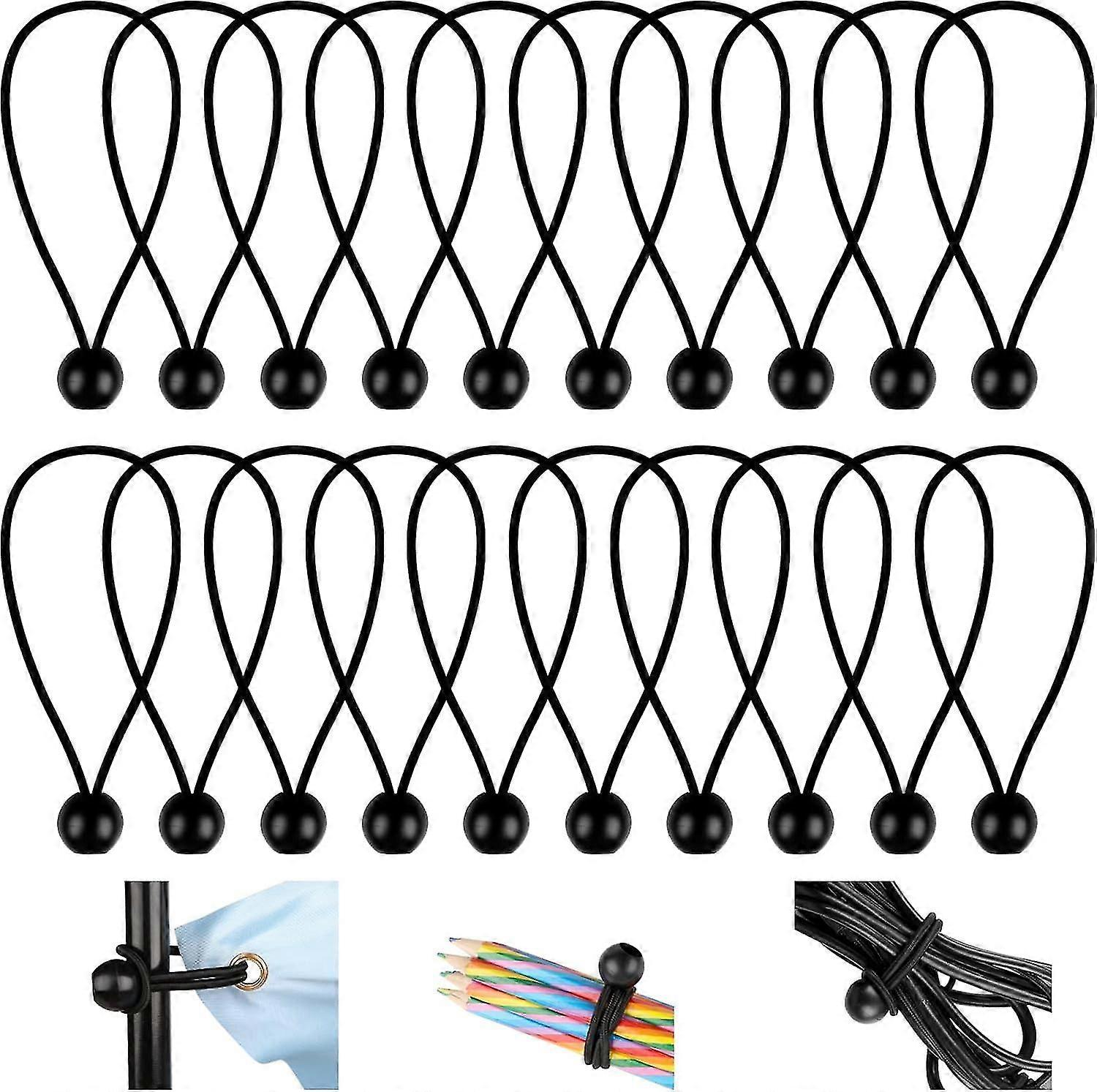 20件弹力拉伸器，150mm灵活的弹力弹力，球形弹力拉伸器，耐用的弹力绳，适用于横幅，防水布，露营，帐篷（黑色）