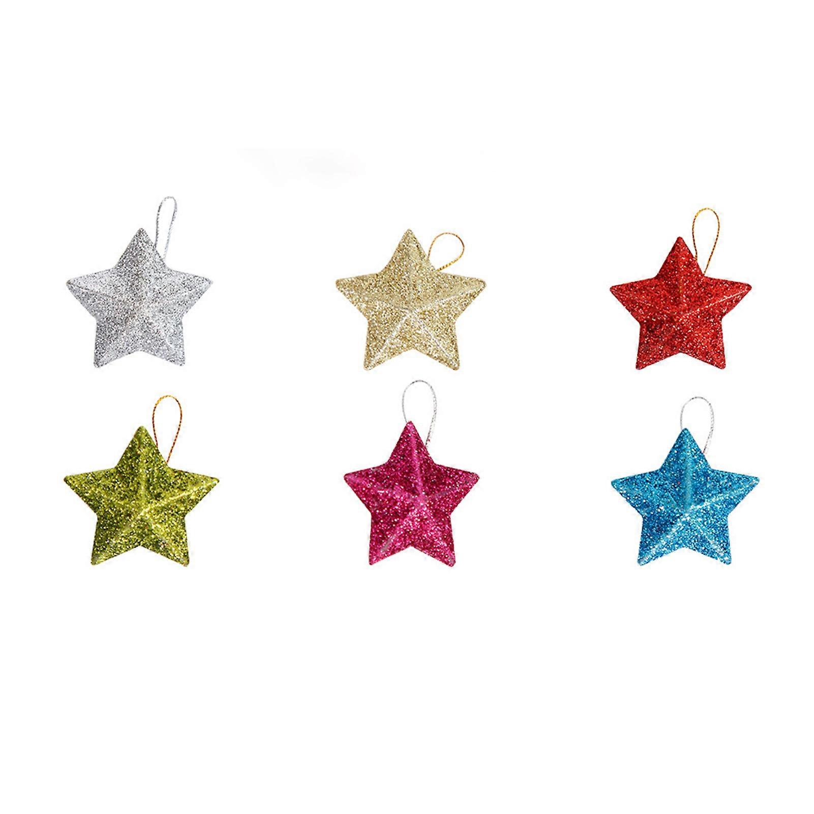 6Pcs Sparkling 3D Star Shape Christmas Pendant with Lanyard Glitter Star Christmas Tree Ornament DIY Craft Party Decor