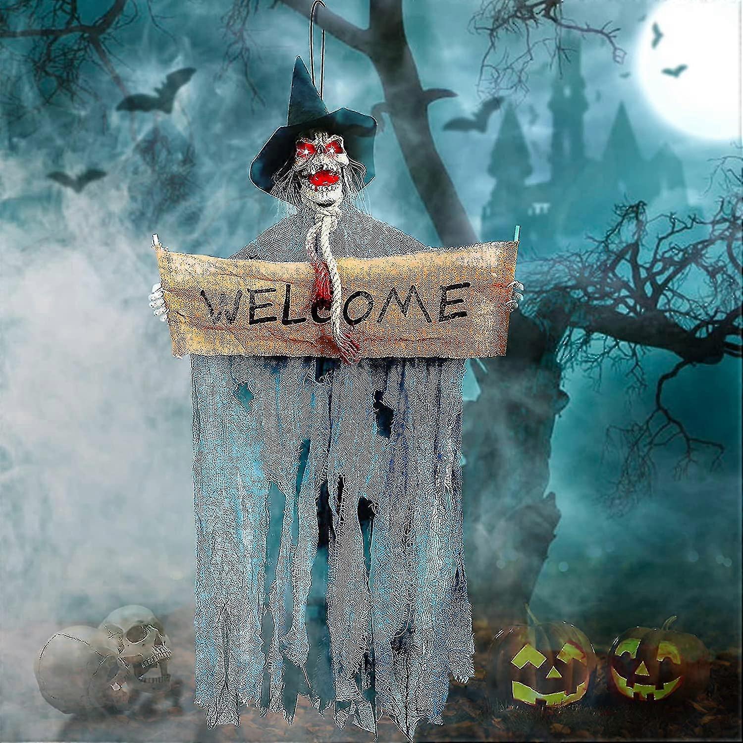 Halloween Hanging Witch Ghost With Light-up Eyes And Scary Sound Effect, Hanging Skeleton Ghost For Halloween Decorations Haunted House Indoor Outd