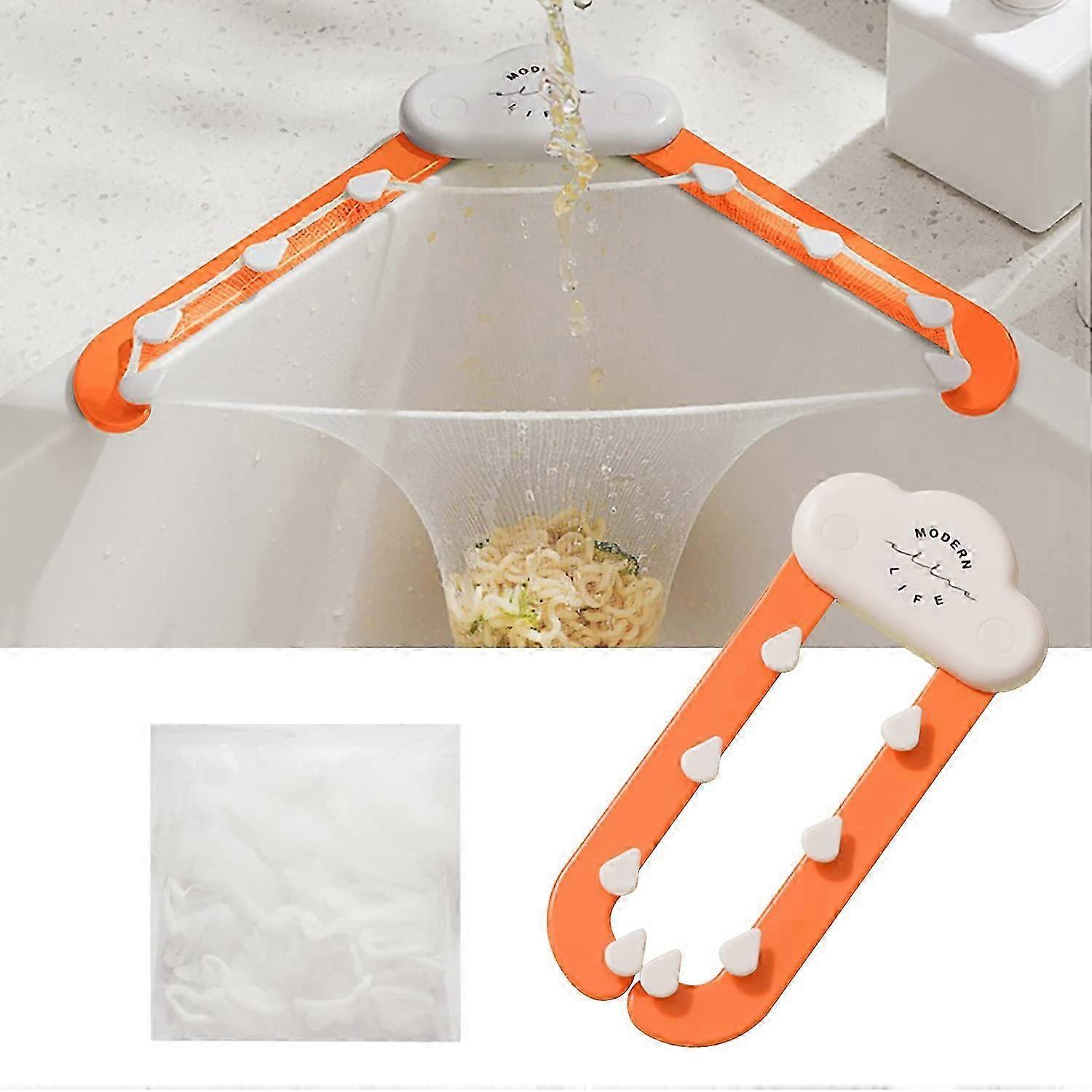 Küchenspüle Dreieck Filter Tri-Halter Küchenspülensieb Abflusssieb mit faltbarem Gestell und 100 Stück filternden Netznetzbeuteln - Orange