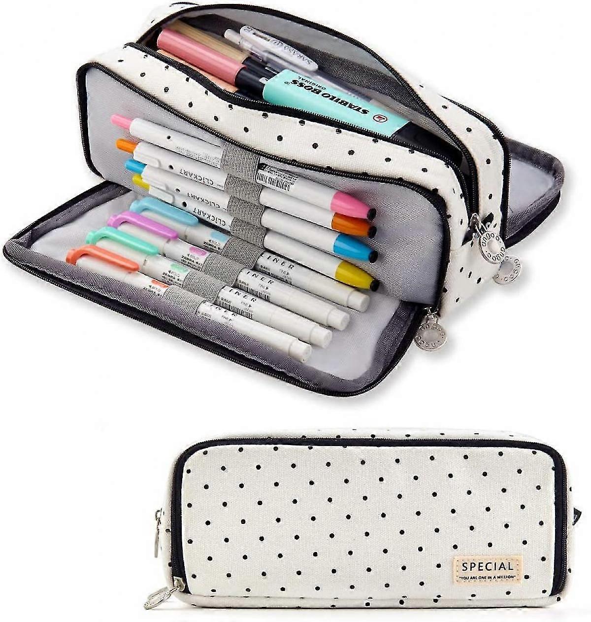 Large 3-Compartment Canvas Pencil Case for School, Black Dot