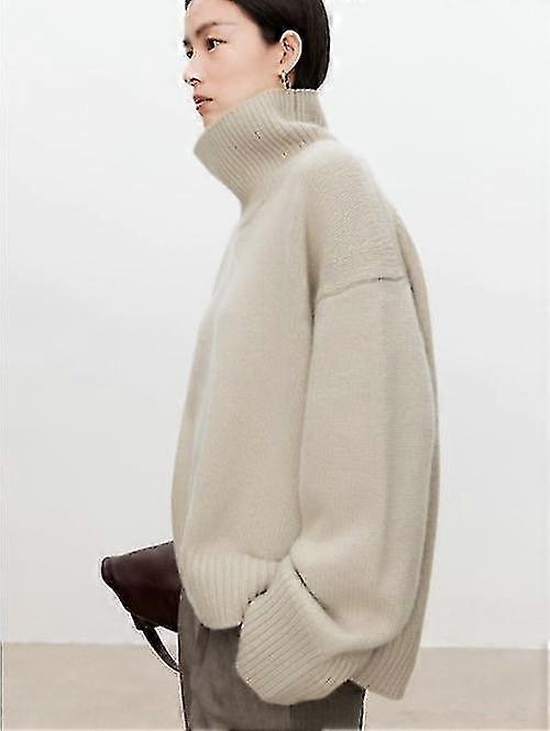 Turtleneck Pure Cashmere Sweater Female Loose And Thick Languid Lazy Wind Pullover Sweater Knitting Base Wool Sweater-xinhan