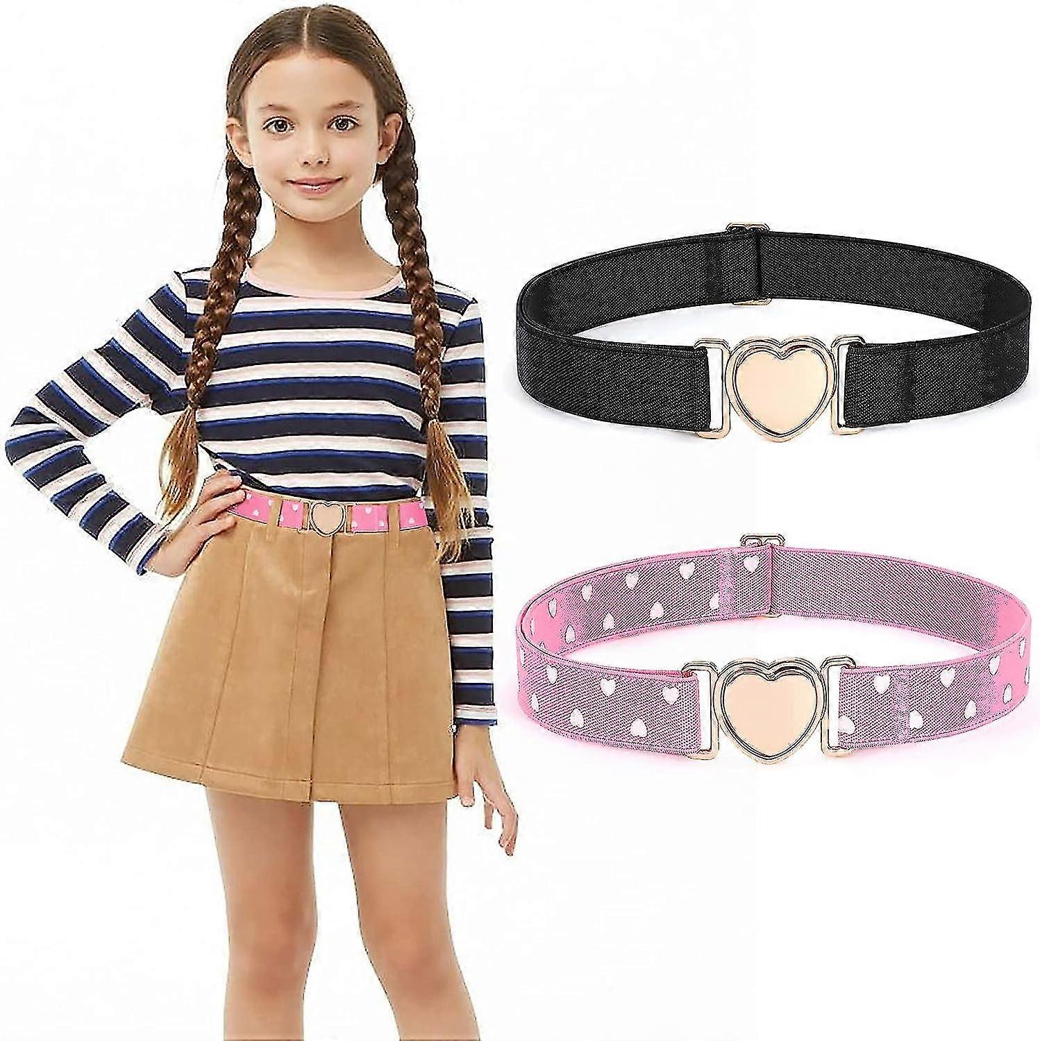 2 Pack Flickor Elastiska Bälten Barn Stretchbälten Mode Söt Justerbart Hjärtbälte