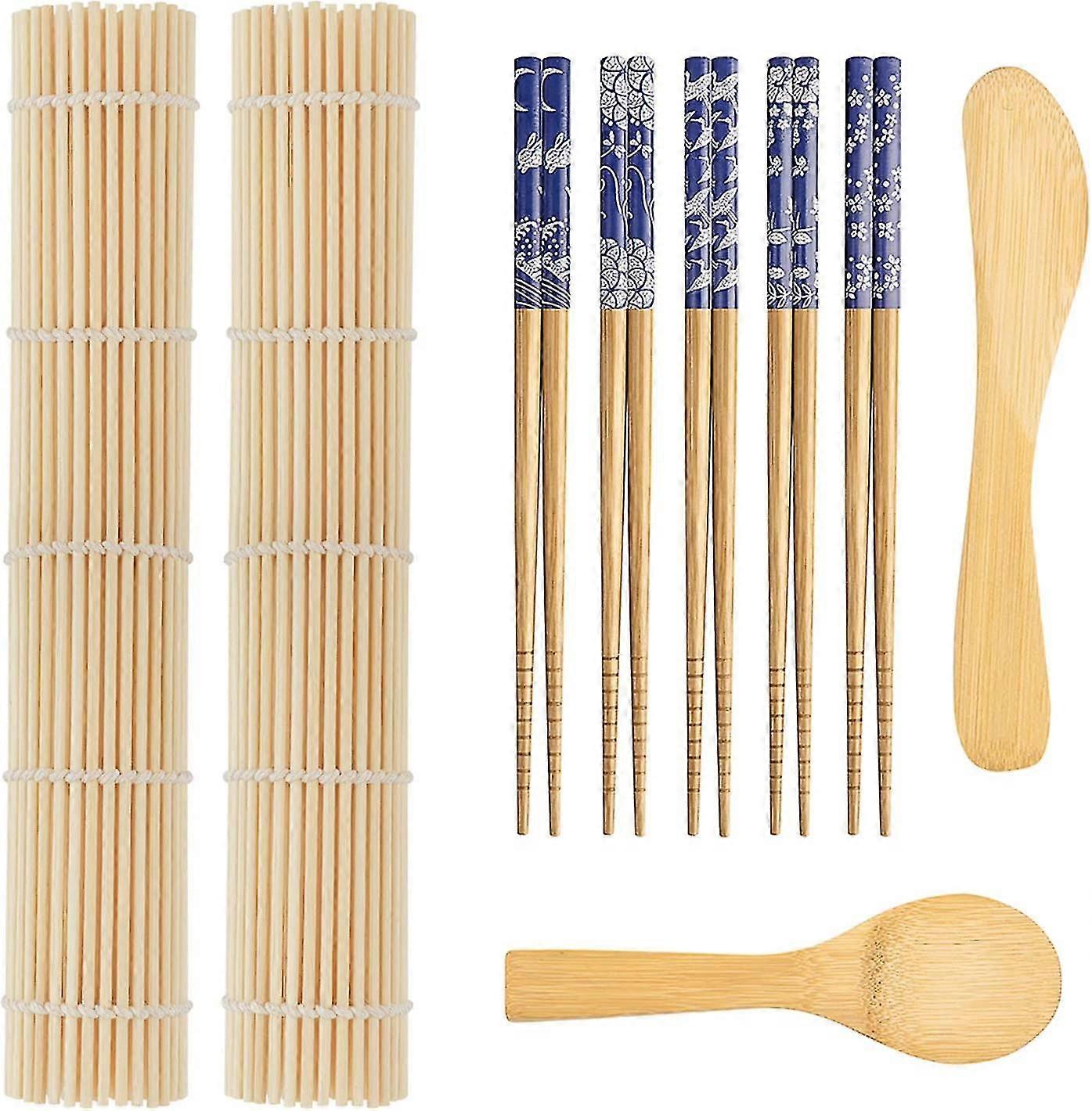 9 Pcs Premium Sushi Making Kit, Sushi Mat, Including 2 Sushi Roller - Glue Free, 5 Pairs Of Chopsticks, 1 Paddle, 1 Spreader, Quality Smooth Helper Fo