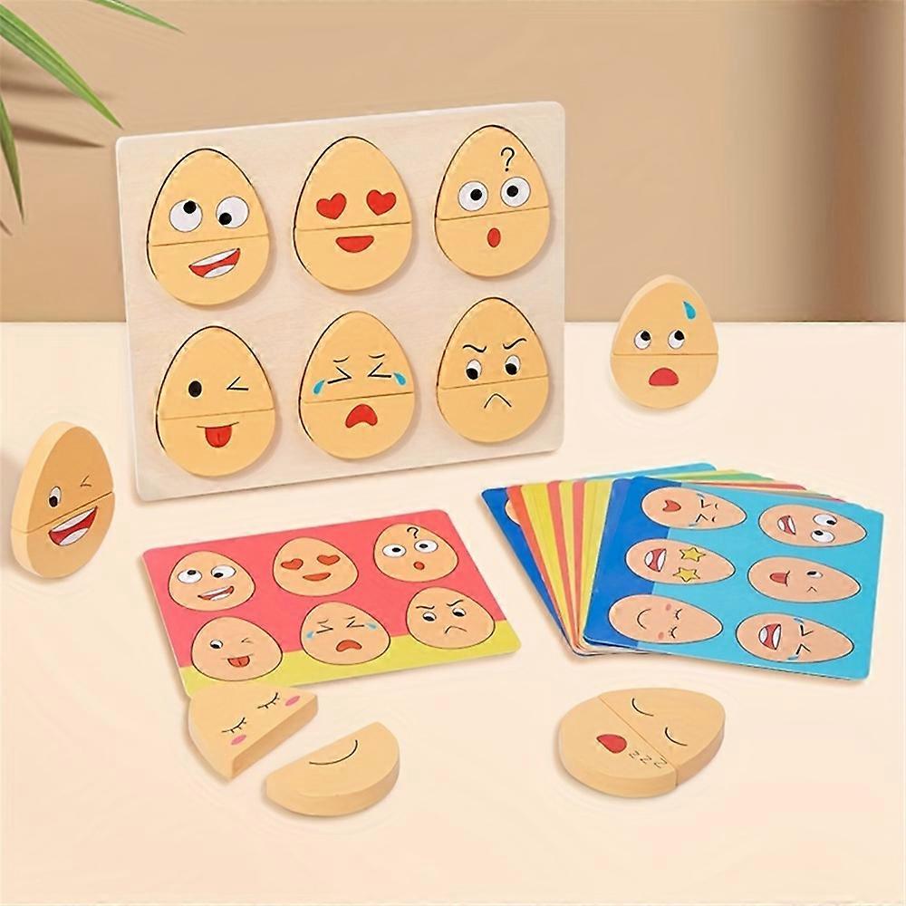Kids Funny Wooden Amusing Block Puzzle Toys Egg Shape Expressions Matching Game Brain Training Toy