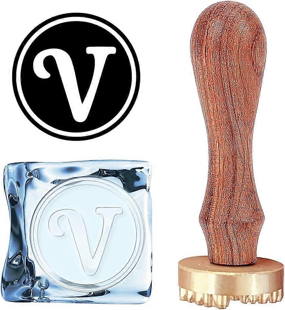 Letter V Ice Stamp Initials Stamp 1.2inch with Removable Brass Head Replacement Wood Handle Ice Branding Stamp for Cocktail Party Whiskey Mojito Drink