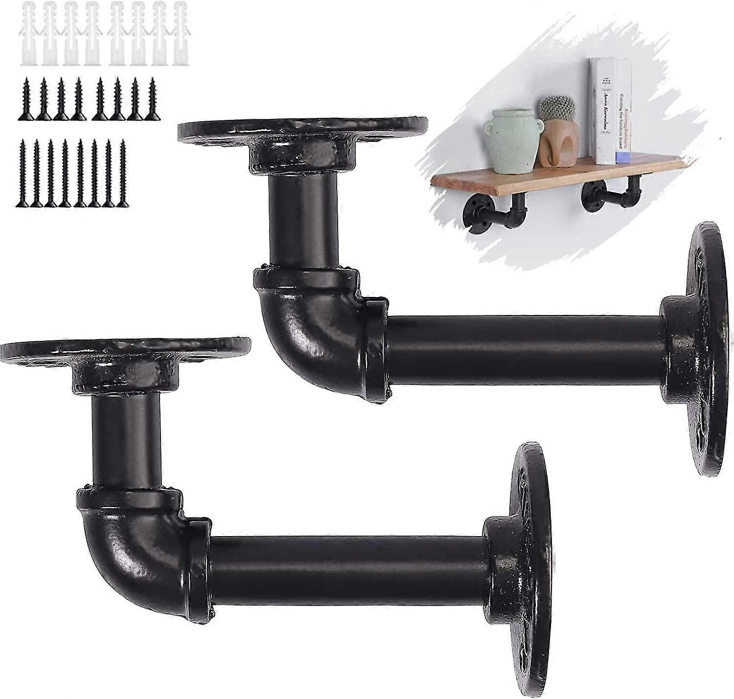 Pipe Shelf Brackets, 2 Pack Industrial Black Pipe Shelf Brackets Wall Mounted Metal Rustic L Pipe TW