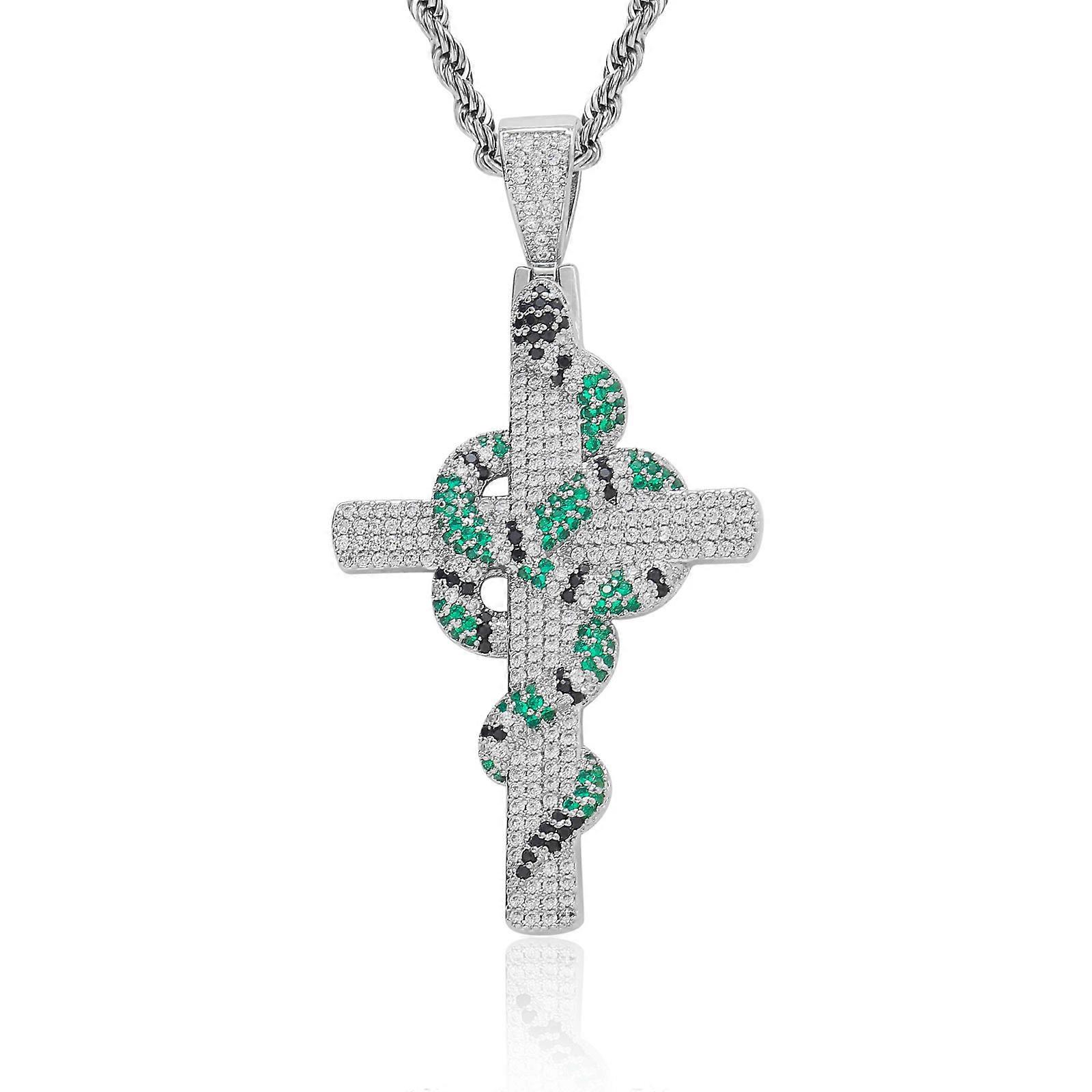 Cross Snake Pendant Silver Necklace for Men Women