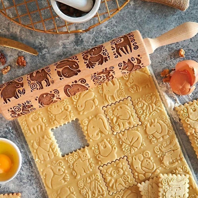 1Pc Wooden Laser Engraved Rolling Pin 20 Animal Patterns Cookie Printed Dough Stick Fondant Tool Baking Noodle Cake Dough Roller