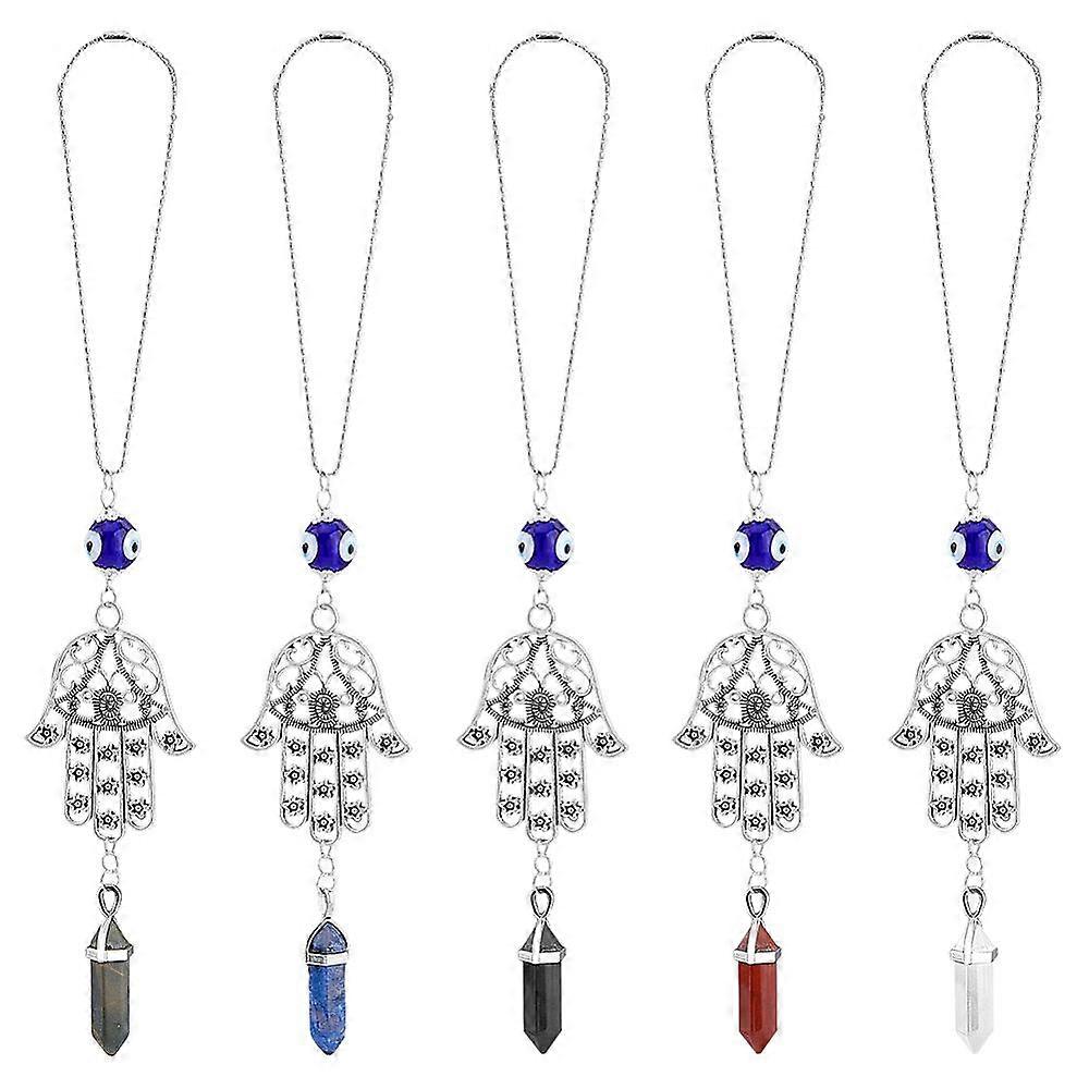 1 Set Hamsa Hand & Evil Eye Hanging Ornament with Bullet Gemstone Charm for Protection Home & Car Rear View Mirror Hanging Accessories 220mm 5pcs/set