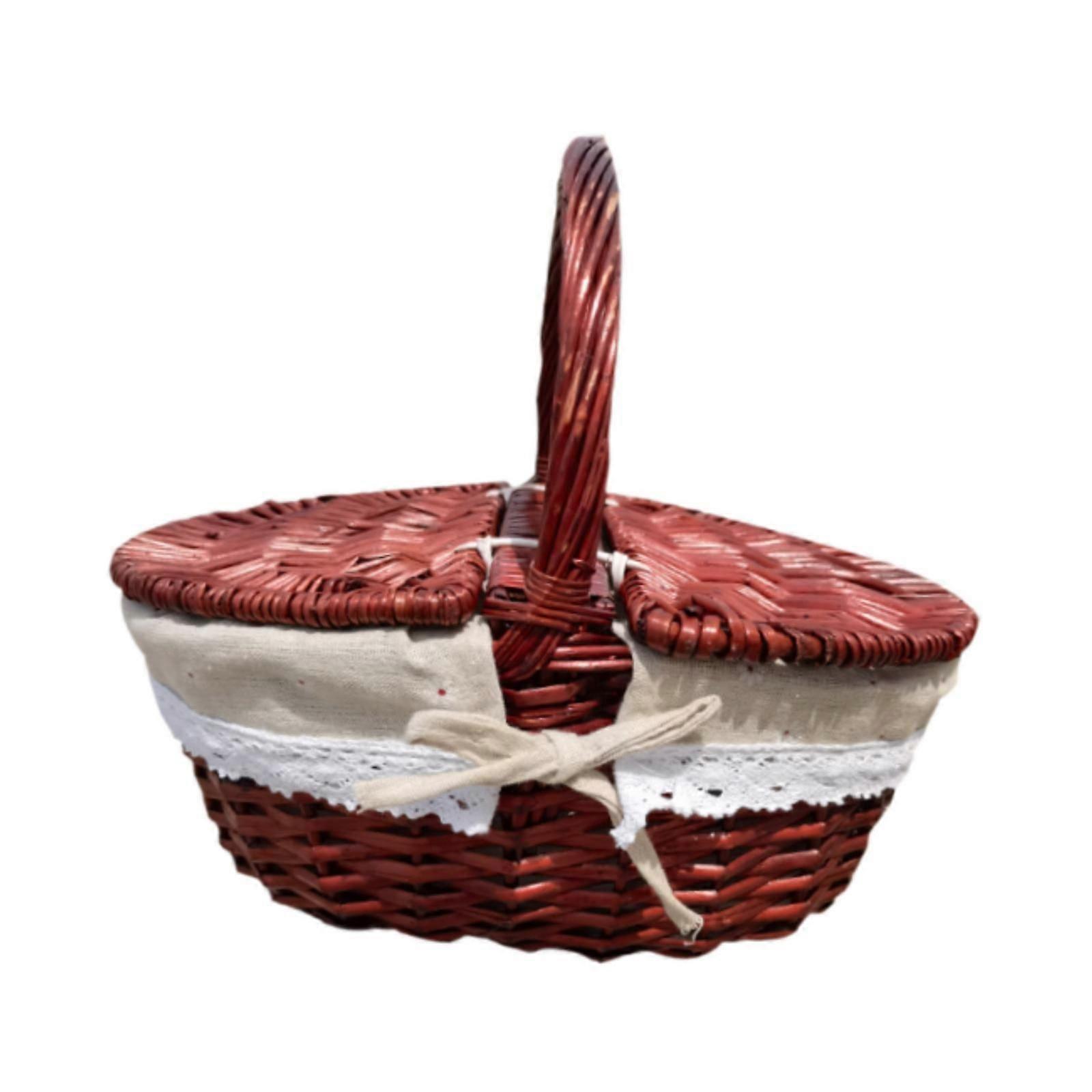 피크닉 바구니 농촌 튼튼한 공원 하이킹 캠핑 야외 고리 버들 세공 보관 바구니 40x30x20cm 갈색 천