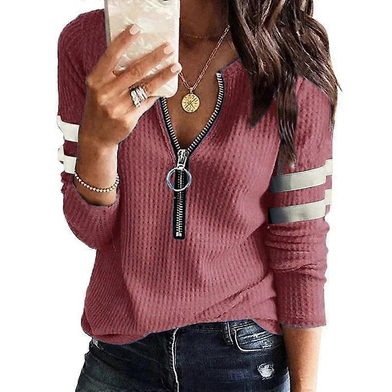 Women's Fashion Solid Color V Neck Zipper Casual Long Sleeves Basic Top Blouse Plus Size