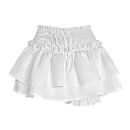 Pleated Mini Culottes Pleated Elastic High Waist Ruffle Layer Hem Solid Color Short Skirt A-Line Cake Skirt