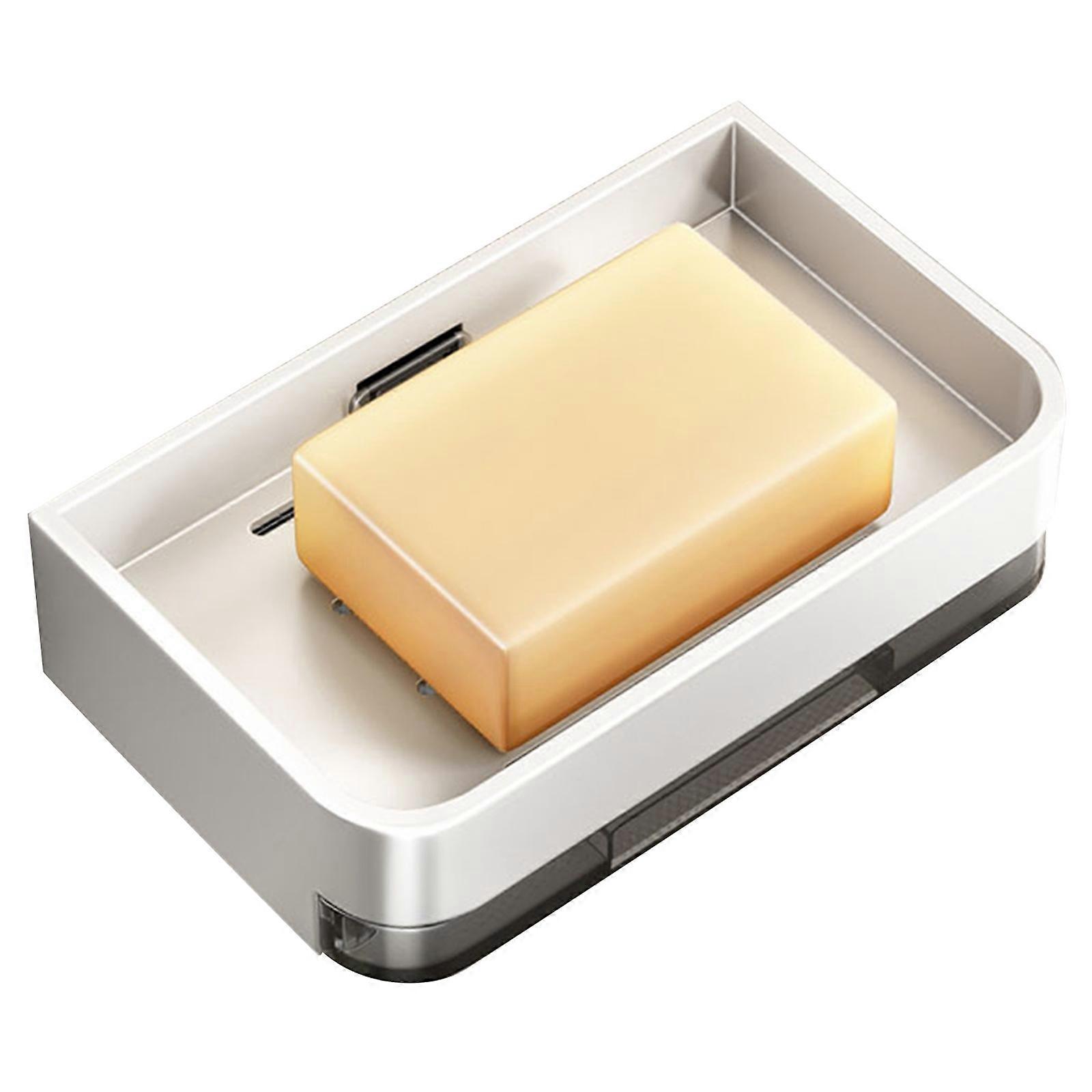 Soap Tray Holder Double layer with Removable Drip Tray Square Drain Soap Rack Soap Dish Aluminum Alloy White