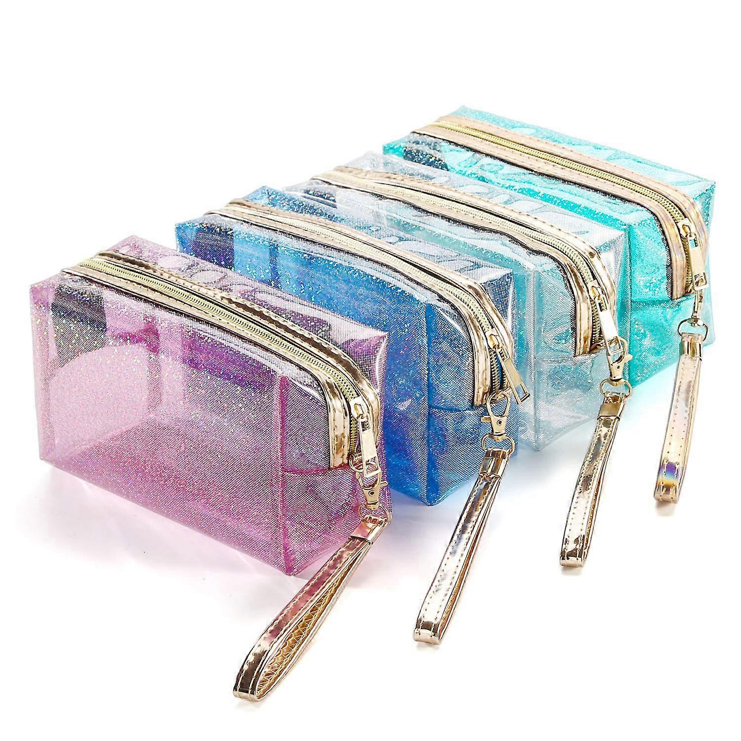 Clear PVC Makeup Bags Set of 4, Zip Toiletry Pouches with Handle Strap for Travel, Cosmetics, and Organizing