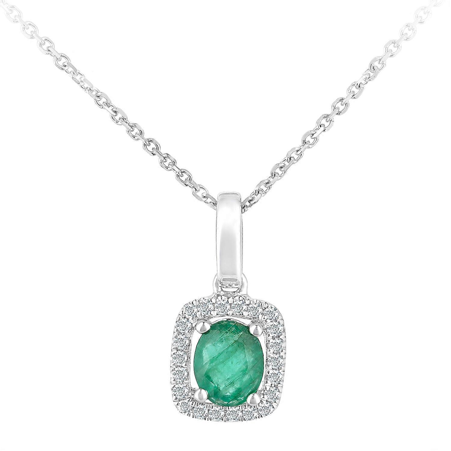 Jewelco London 9ct 白金圆形 5 分钻石椭圆形 0.3 克拉祖母绿簇坠吊坠项链 16 英寸 42 厘米